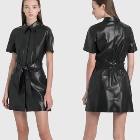 Nanushka Halli Vegan Leather Short Sleeve Belted Mini Dress Black Womens Size XS
